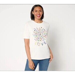 LOGO by Lori Goldstein Women's Top Sz XL Pride Crewneck Knit Tee White Rainbow